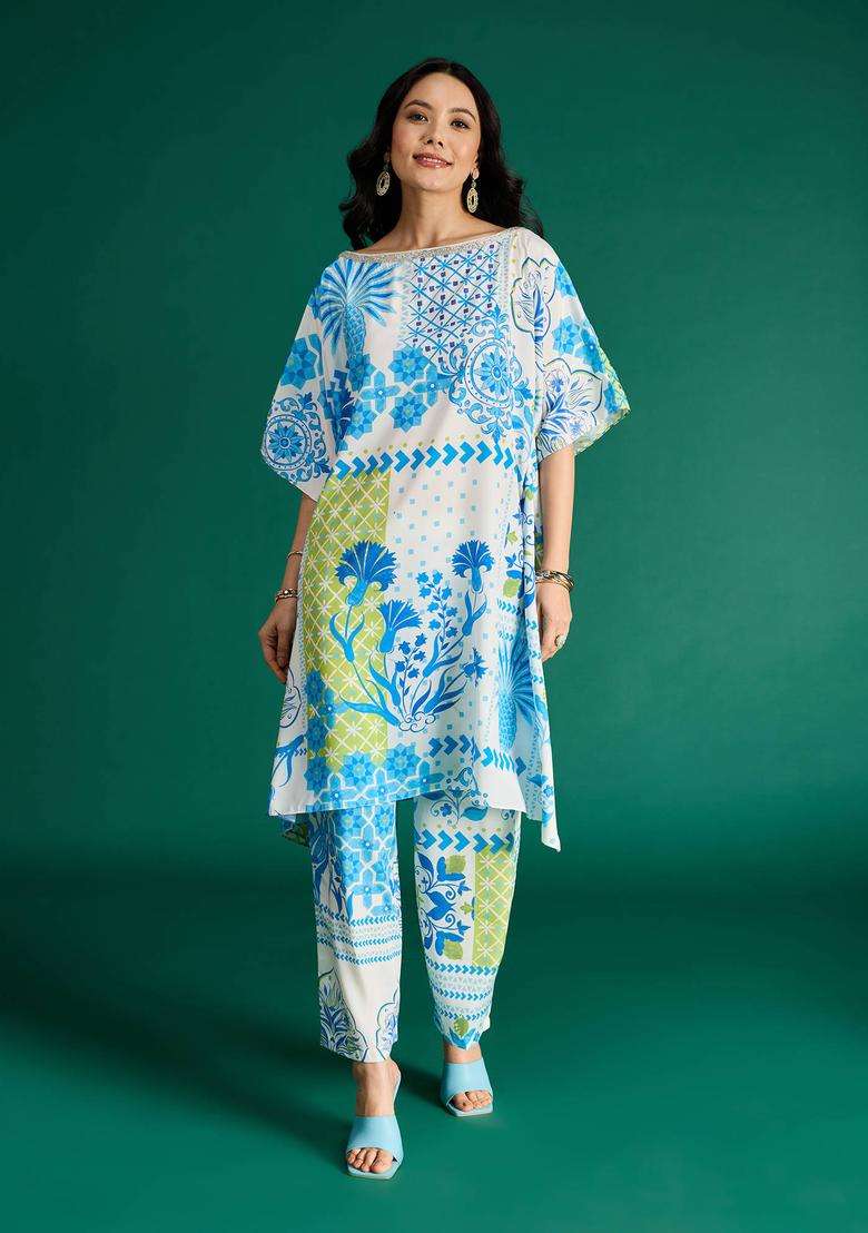 White Crepe Printed Kaftan Kurta and Pant Citrus Sorbet Set of 2 for Women Festive Wear - Indya