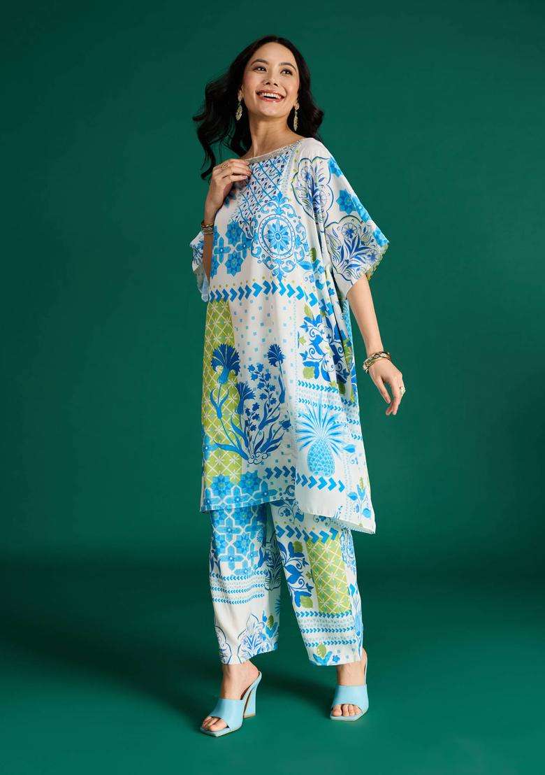 White Crepe Printed Kaftan Kurta and Pant Citrus Sorbet Set of 2 for Women Festive Wear - Indya