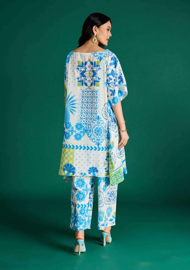 White Crepe Printed Kaftan Kurta and Pant Citrus Sorbet Set of 2 for Women Festive Wear - Indya