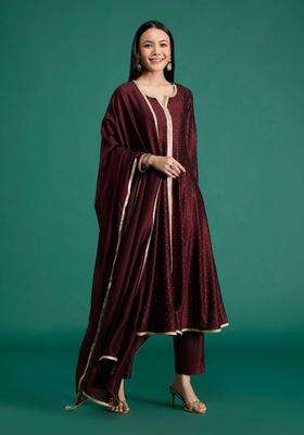 Wine Chinon Embellished Anarkali Kurta with Pant and Dupatta for Women Festive Wear