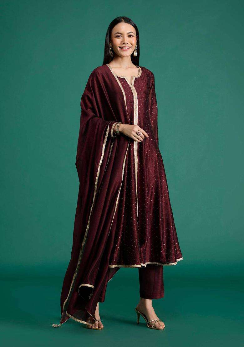Wine Chinon Embellished Anarkali Kurta with Pant and Dupatta for Women Festive Wear - Indya