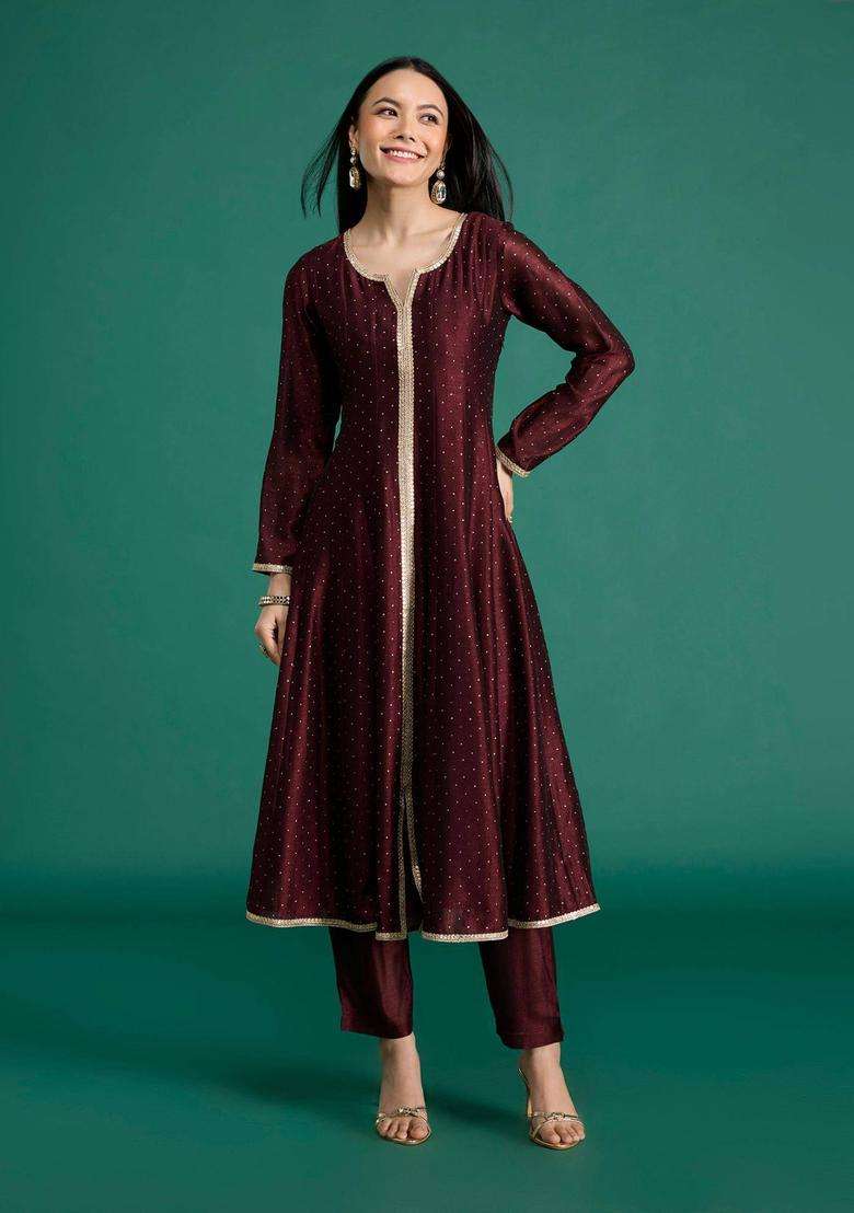 Wine Chinon Embellished Anarkali Kurta with Pant and Dupatta for Women Festive Wear - Indya