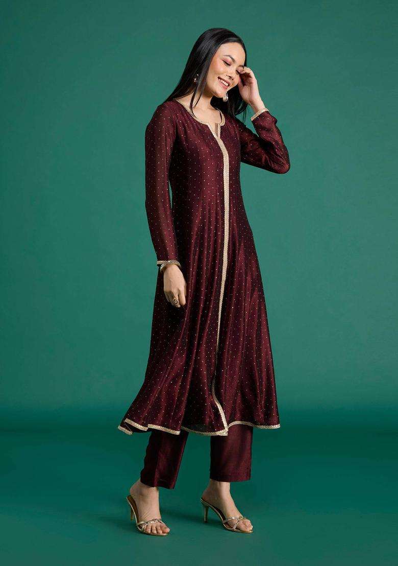 Wine Chinon Embellished Anarkali Kurta with Pant and Dupatta for Women Festive Wear - Indya