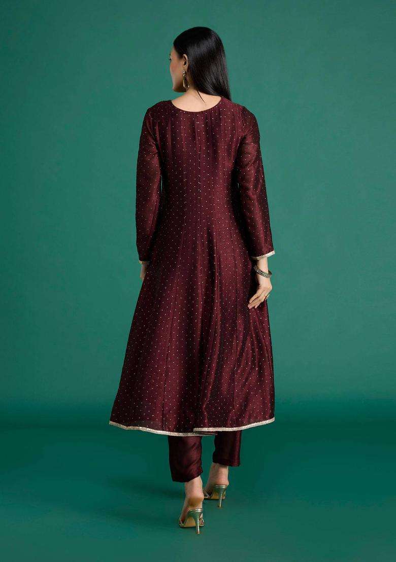 Wine Chinon Embellished Anarkali Kurta with Pant and Dupatta for Women Festive Wear - Indya