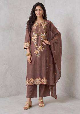 Brown Mul Chanderi Embroidered Kurta with Pant and Dupatta for Women Festive Wear
