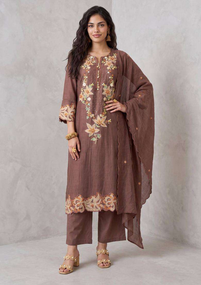 Brown Mul Chanderi Embroidered Kurta with Pant and Dupatta for Women Festive Wear - Indya