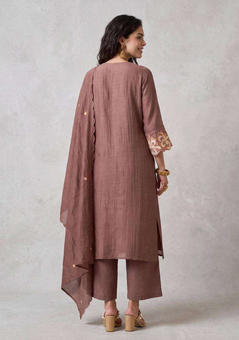 Brown Mul Chanderi Embroidered Kurta with Pant and Dupatta for Women Festive Wear - Indya