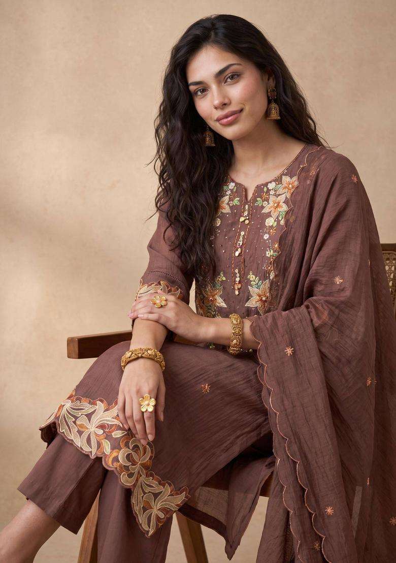 Brown Mul Chanderi Embroidered Kurta with Pant and Dupatta for Women Festive Wear - Indya