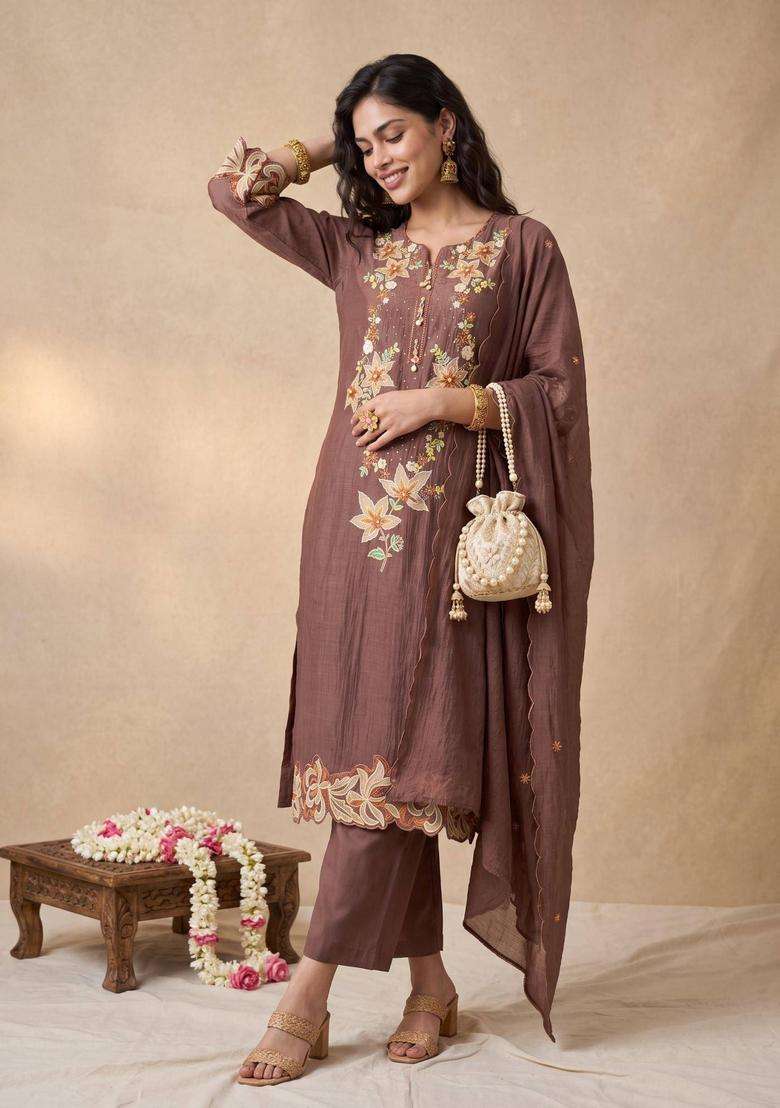 Brown Mul Chanderi Embroidered Kurta with Pant and Dupatta for Women Festive Wear - Indya