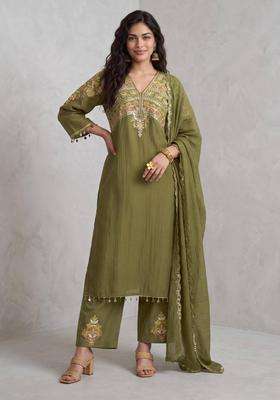 Olive Heavy Yoke Embroidered Kurta with Pant and Dupatta for Women Festive Wear