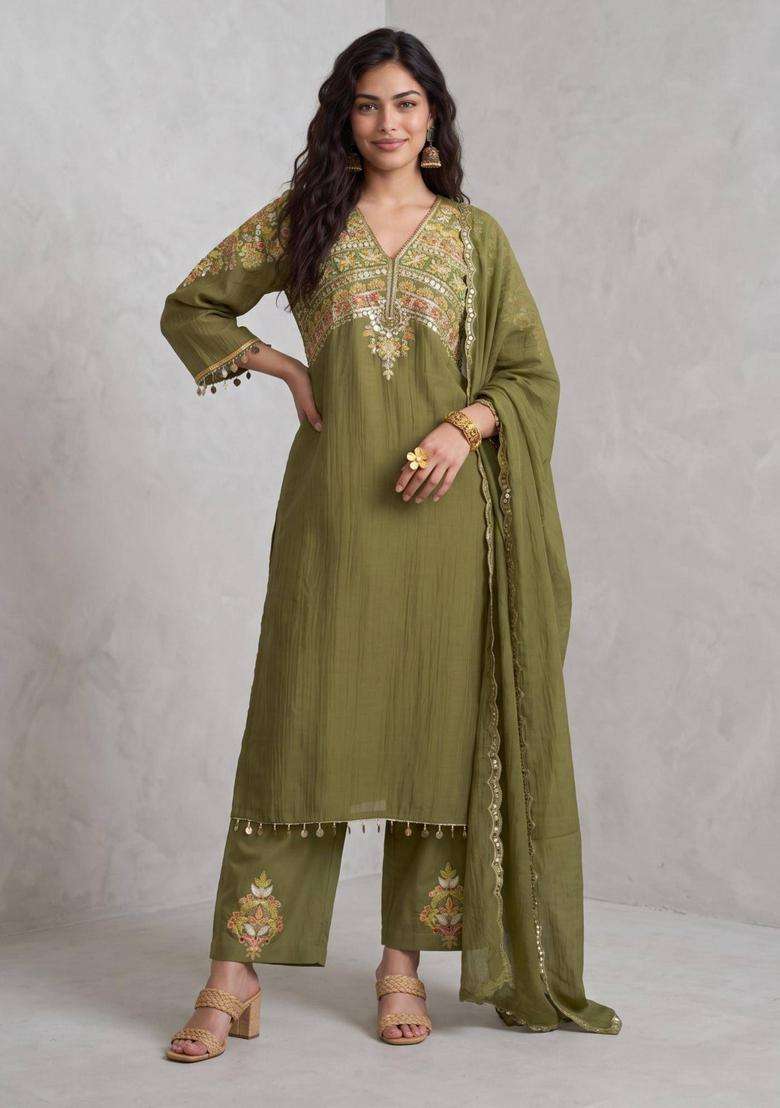 Olive Heavy Yoke Embroidered Kurta with Pant and Dupatta for Women Festive Wear - Indya