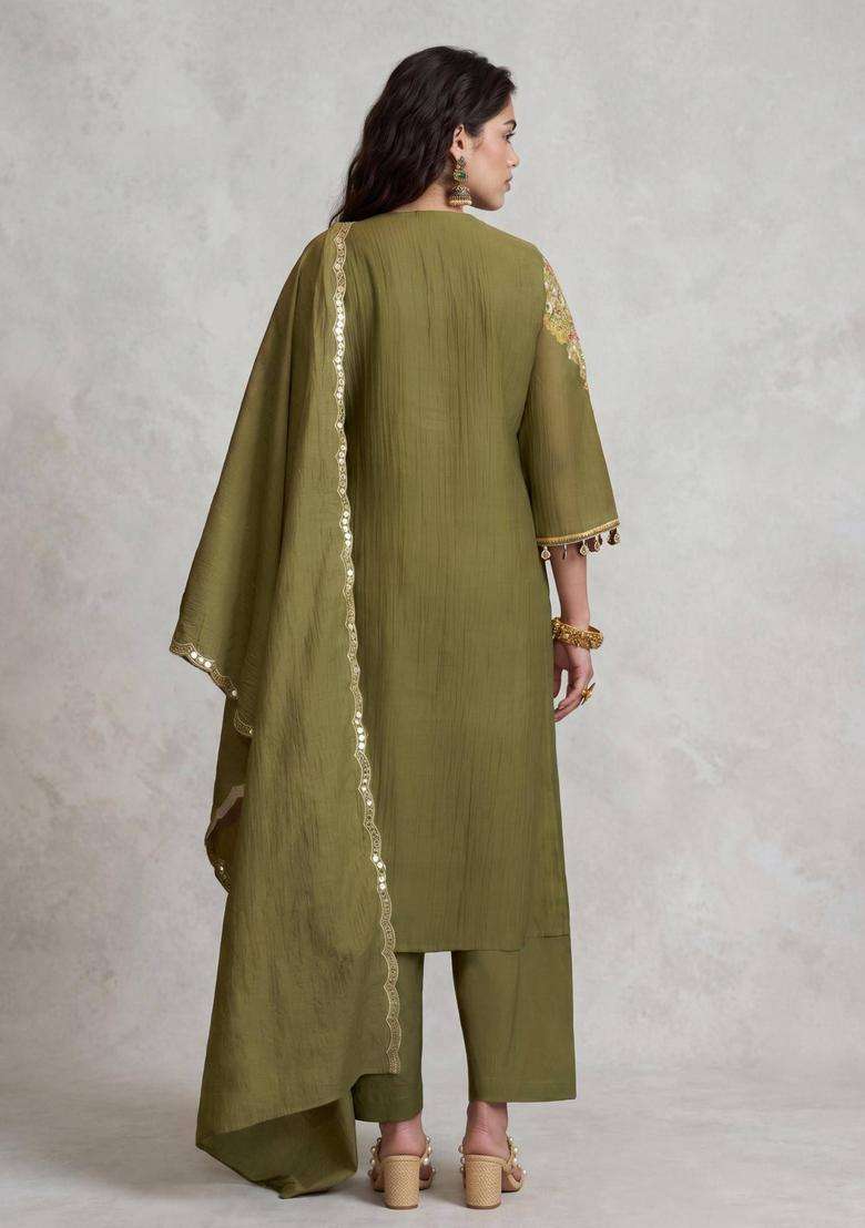Olive Heavy Yoke Embroidered Kurta with Pant and Dupatta for Women Festive Wear - Indya