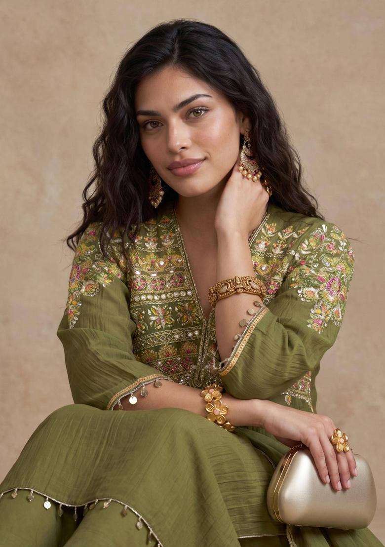 Olive Heavy Yoke Embroidered Kurta with Pant and Dupatta for Women Festive Wear - Indya