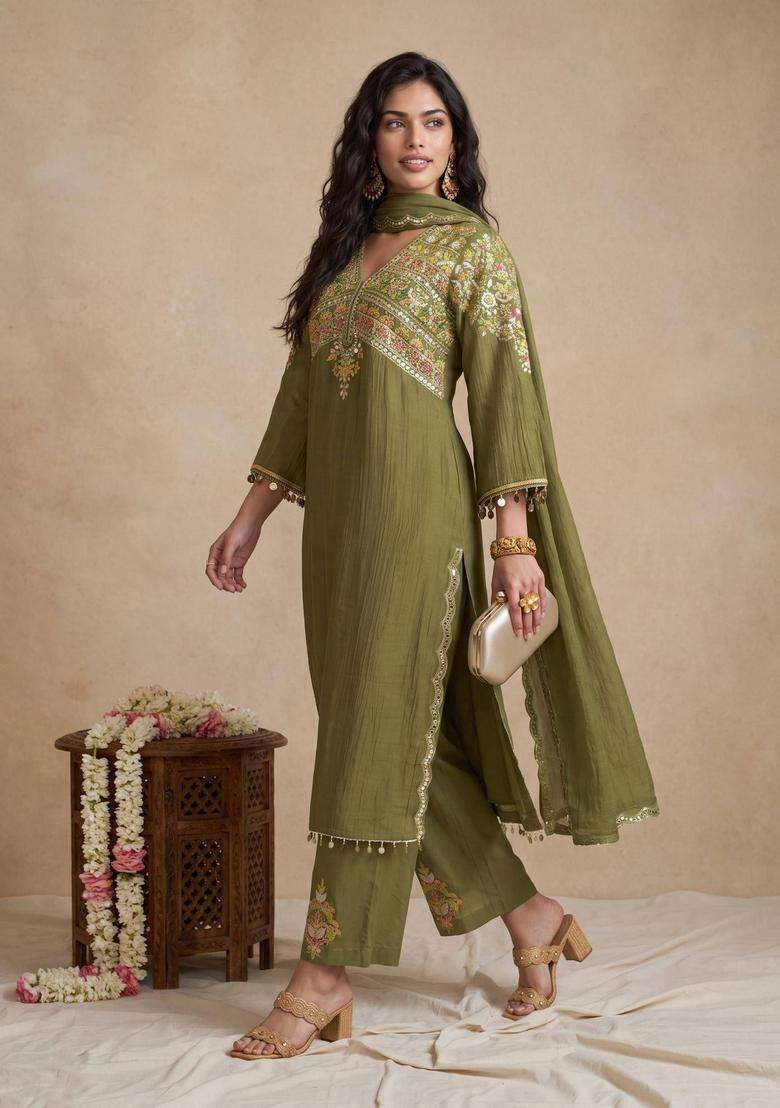 Olive Heavy Yoke Embroidered Kurta with Pant and Dupatta for Women Festive Wear - Indya