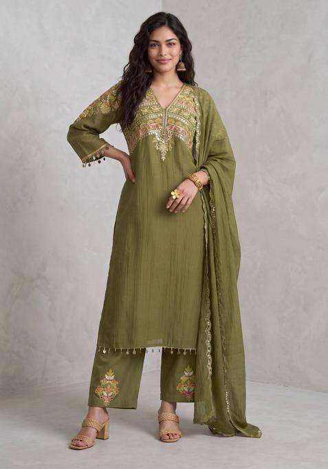 Olive Heavy Yoke Embroidered Kurta with Pant and Dupatta for Women Festive Wear