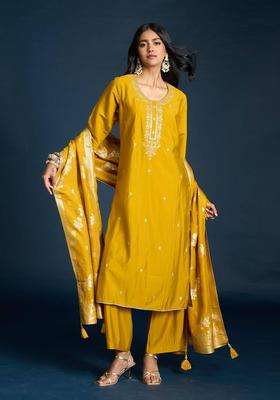 Yellow Muslin Embroidered Kurta Pant and Dupatta Set of 3 for Women Festive Wear