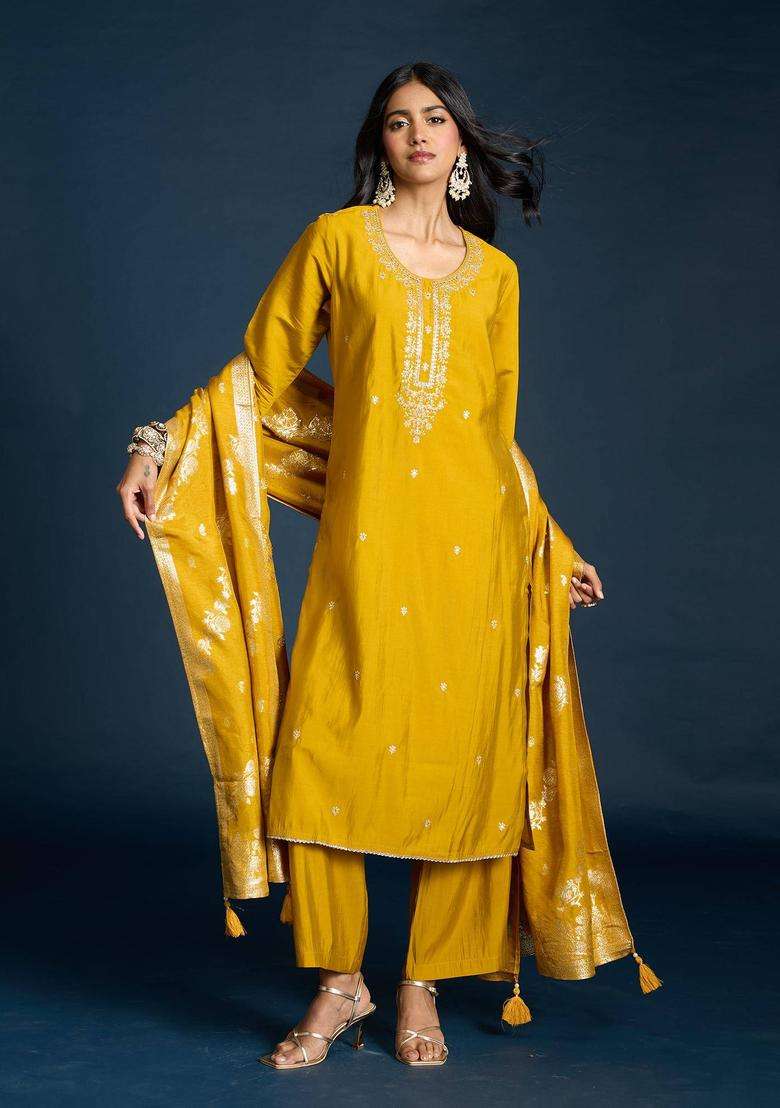 Yellow Muslin Embroidered Kurta Pant and Dupatta Set of 3 for Women Festive Wear - Indya