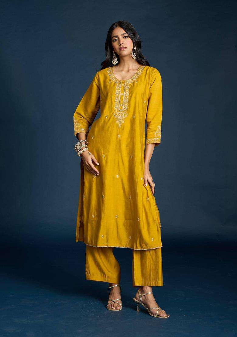 Yellow Muslin Embroidered Kurta Pant and Dupatta Set of 3 for Women Festive Wear - Indya