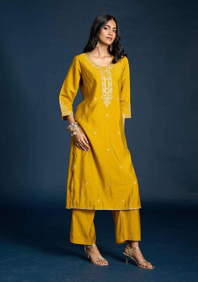 Yellow Muslin Embroidered Kurta Pant and Dupatta Set of 3 for Women Festive Wear - Indya