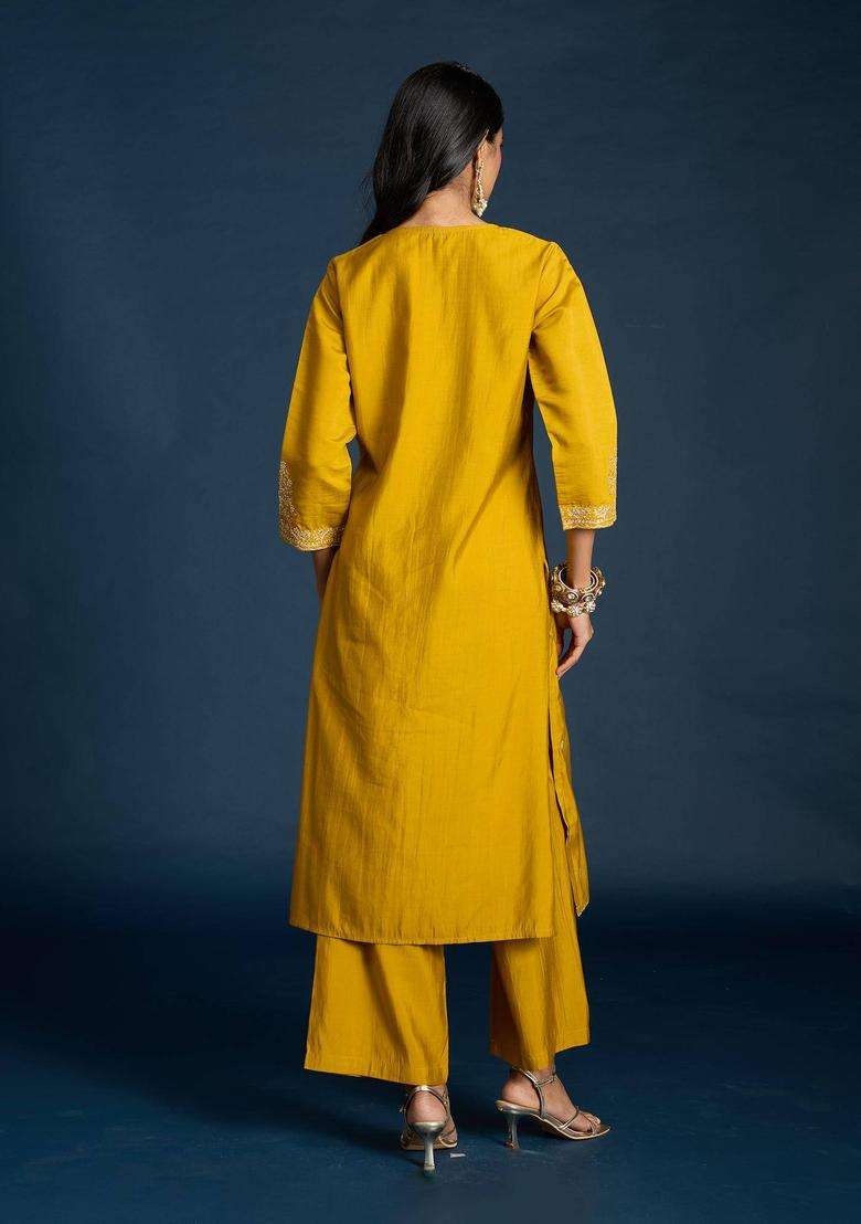 Yellow Muslin Embroidered Kurta Pant and Dupatta Set of 3 for Women Festive Wear - Indya
