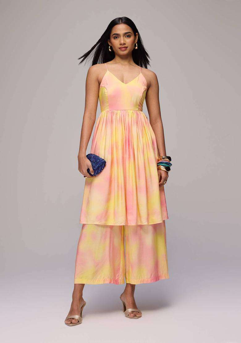 Yellow Muslin Tie Dye Strappy Kurta with Pant Set of 2 for Women Fusion Wear - Indya