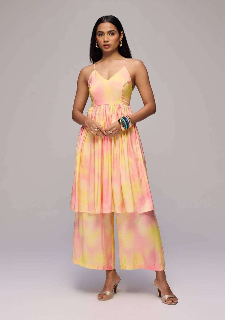 Yellow Muslin Tie Dye Strappy Kurta with Pant Set of 2 for Women Fusion Wear - Indya