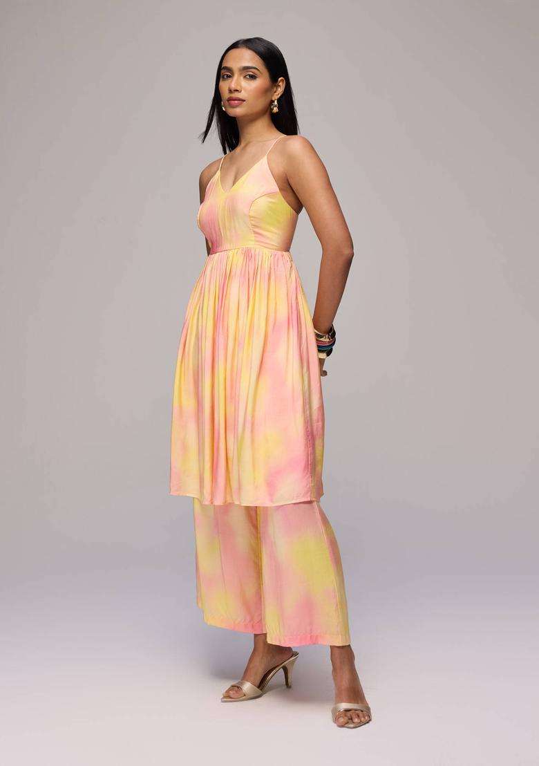 Yellow Muslin Tie Dye Strappy Kurta with Pant Set of 2 for Women Fusion Wear - Indya