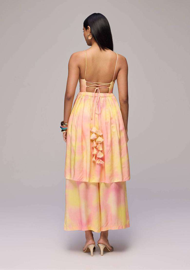Yellow Muslin Tie Dye Strappy Kurta with Pant Set of 2 for Women Fusion Wear - Indya
