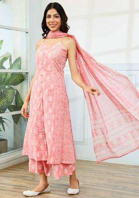 Baby Pink Printed Cotton Suit Kurta with Palazzo and Dupatta Set of 3 for Women Casual Wear