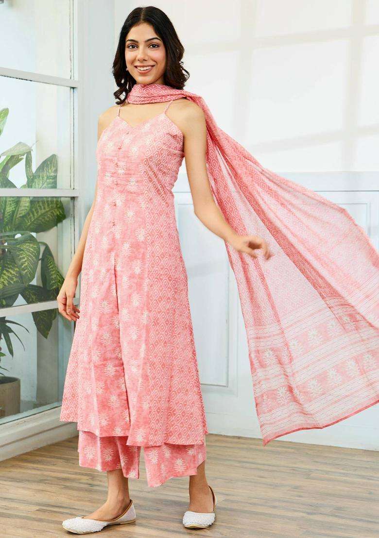Baby Pink Printed Cotton Suit Kurta with Palazzo and Dupatta Set of 3 for Women Casual Wear - Indya