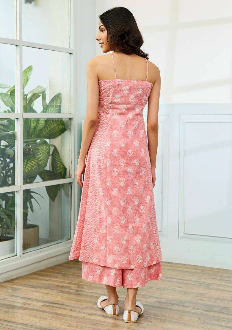 Baby Pink Printed Cotton Suit Kurta with Palazzo and Dupatta Set of 3 for Women Casual Wear - Indya