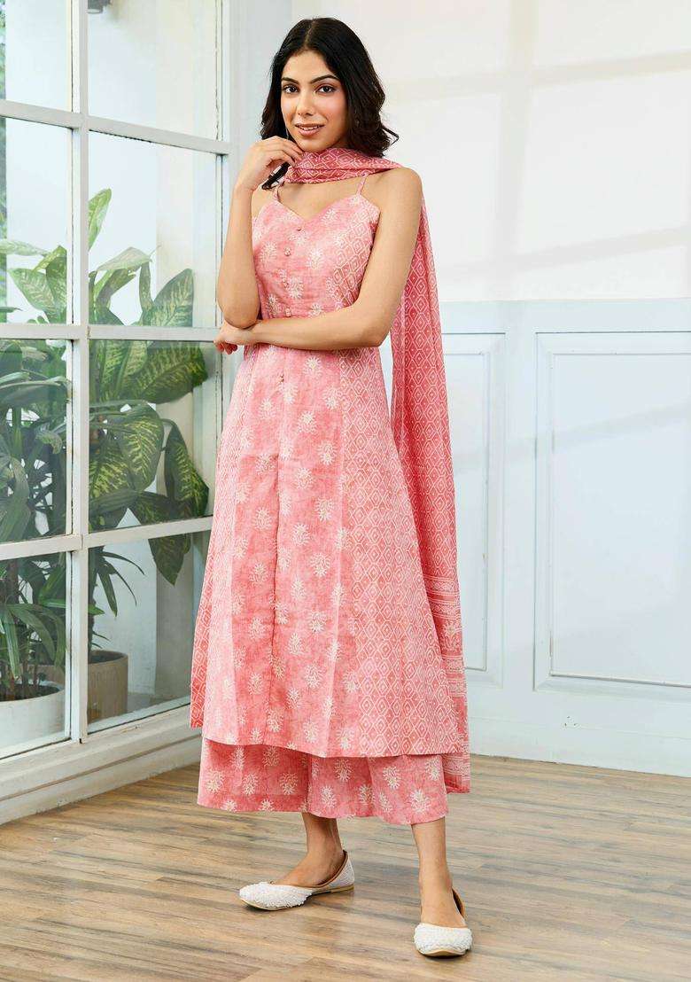 Baby Pink Printed Cotton Suit Kurta with Palazzo and Dupatta Set of 3 for Women Casual Wear - Indya
