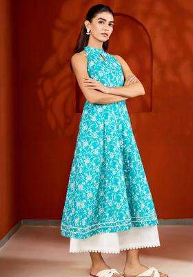 Blue Halter Neck Printed Relaxed Fit Kurta and Palazzo Set of 2 for Women Casual Wear