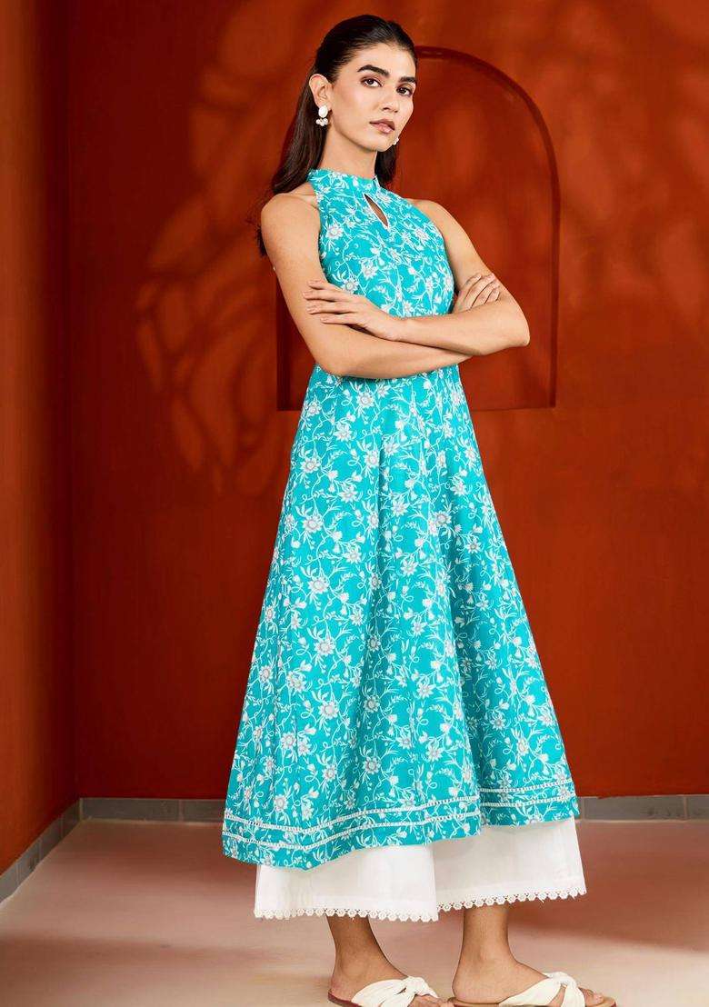 Blue Halter Neck Printed Relaxed Fit Kurta and Palazzo Set of 2 for Women Casual Wear - Indya