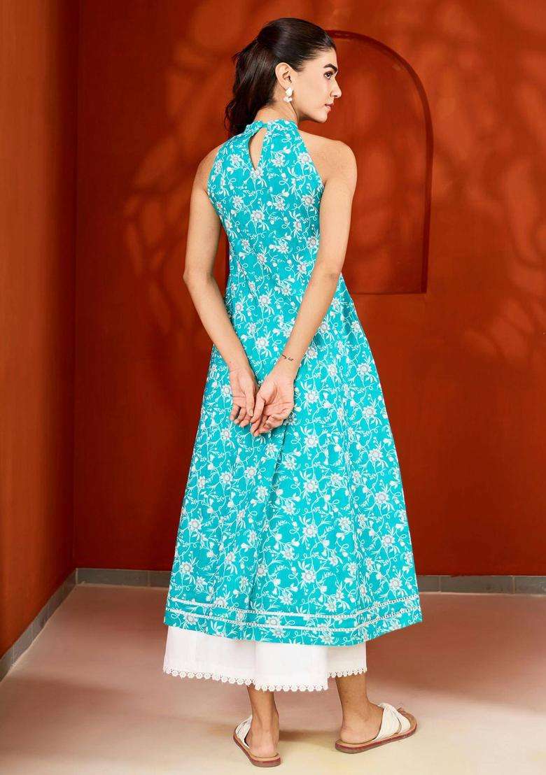 Blue Halter Neck Printed Relaxed Fit Kurta and Palazzo Set of 2 for Women Casual Wear - Indya