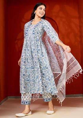 Blue Handblock Printed Cotton Suit Kurta with Pant and Dupatta Set of 3 for Women Festive Wear