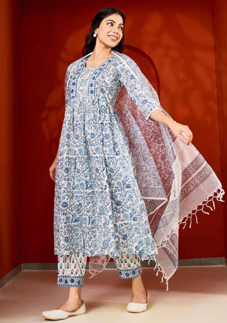 Blue Handblock Printed Cotton Suit Kurta with Pant and Dupatta Set of 3 for Women Festive Wear - Indya