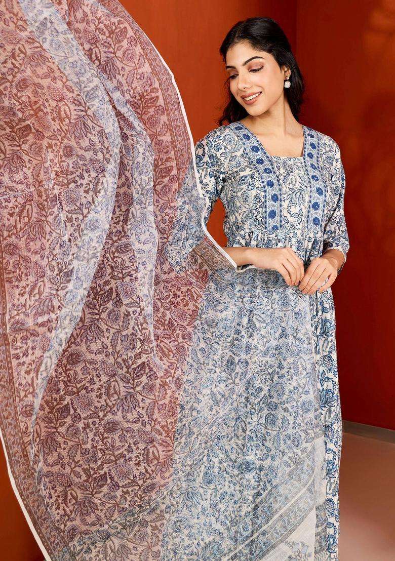 Blue Handblock Printed Cotton Suit Kurta with Pant and Dupatta Set of 3 for Women Festive Wear - Indya