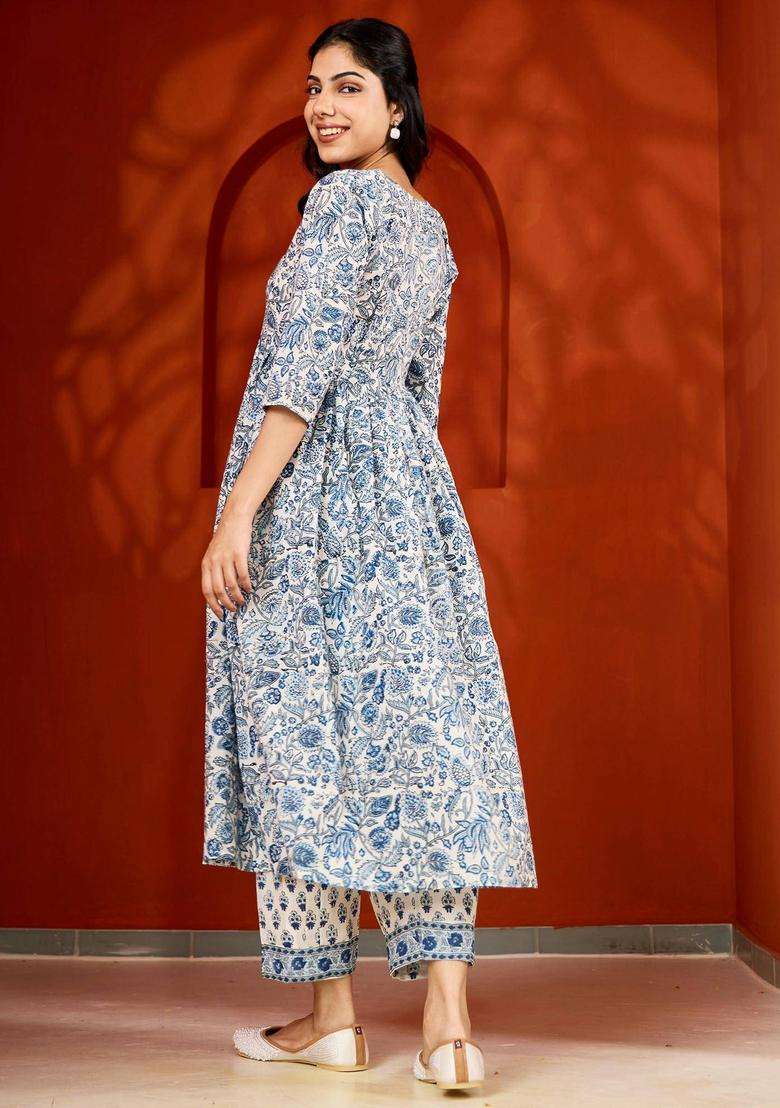 Blue Handblock Printed Cotton Suit Kurta with Pant and Dupatta Set of 3 for Women Festive Wear - Indya