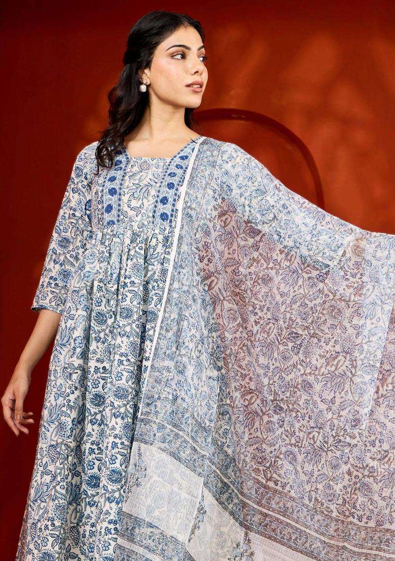 Blue Handblock Printed Cotton Suit Kurta with Pant and Dupatta Set of 3 for Women Festive Wear - Indya