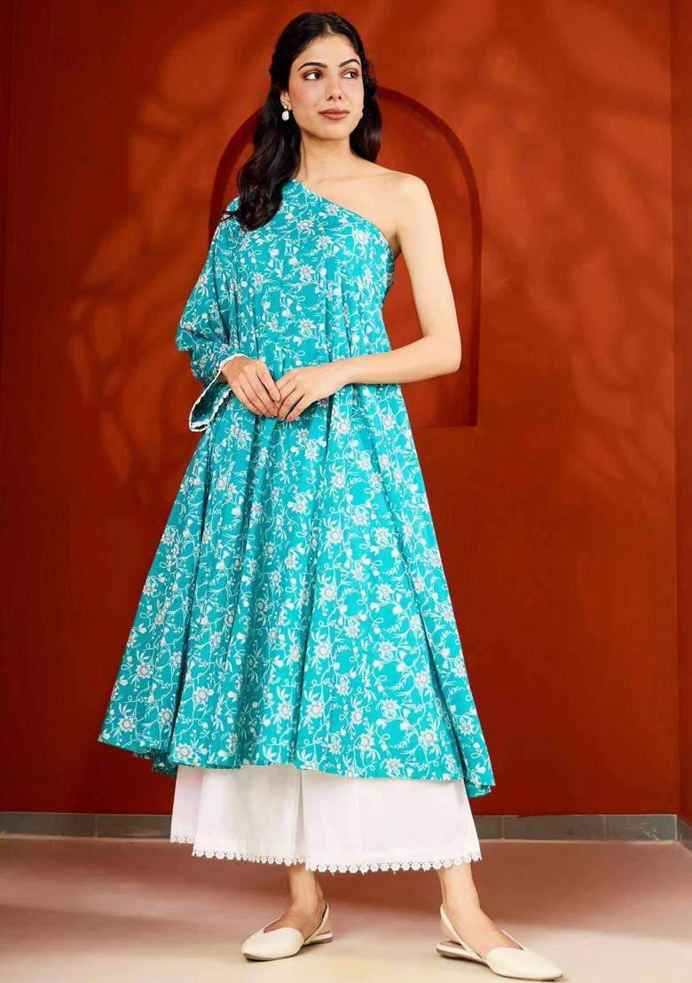 Blue One Shoulder Printed Flared Kurta and Palazzo Set of 2 for Women Casual Wear - Indya