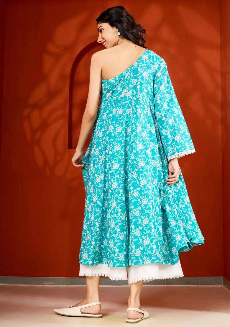 Blue One Shoulder Printed Flared Kurta and Palazzo Set of 2 for Women Casual Wear - Indya
