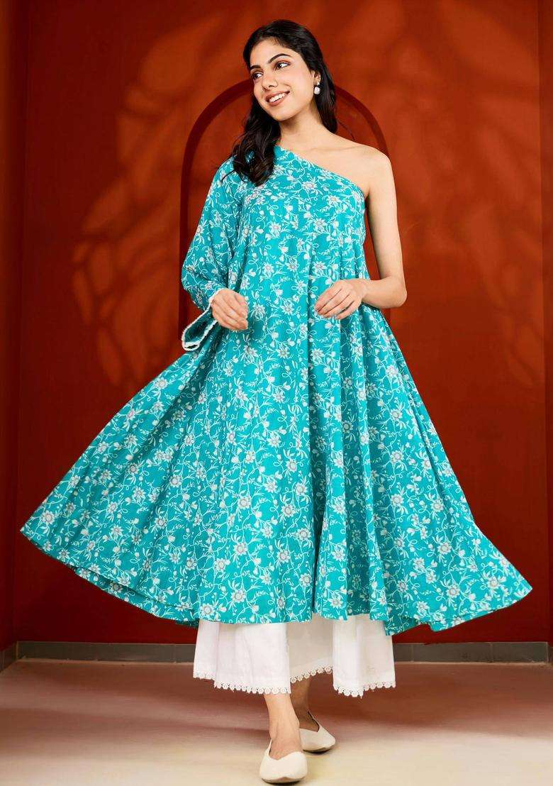 Blue One Shoulder Printed Flared Kurta and Palazzo Set of 2 for Women Casual Wear - Indya