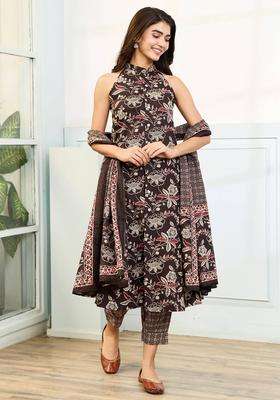 Brown Mandarin Neck Printed Cotton Suit Kurta with Pant and Dupatta Set of 3 for Women Festive Wear