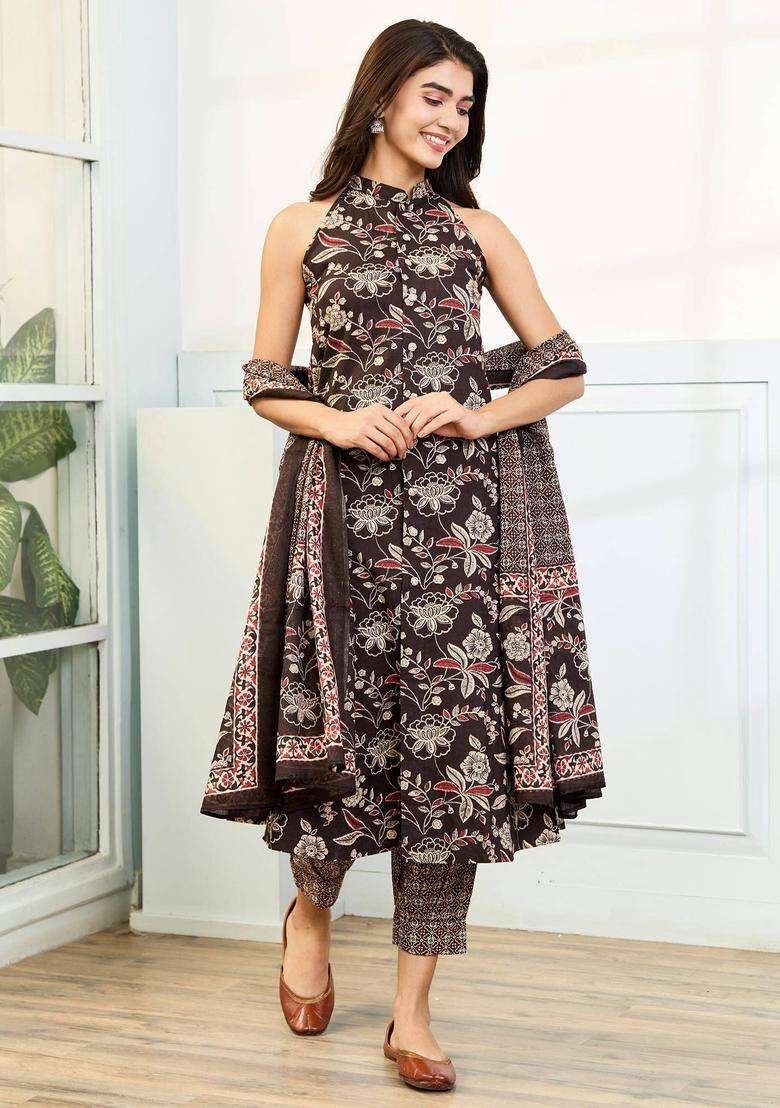 Brown Mandarin Neck Printed Cotton Suit Kurta with Pant and Dupatta Set of 3 for Women Festive Wear - Indya