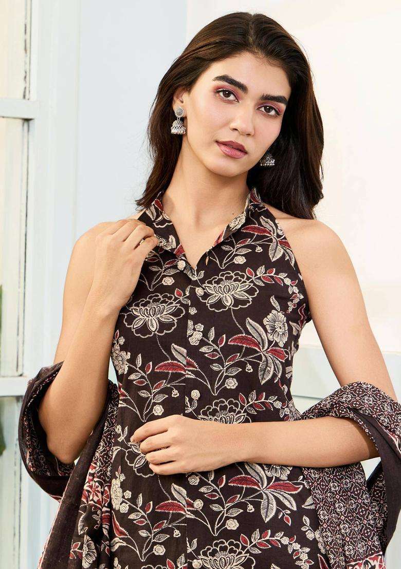 Brown Mandarin Neck Printed Cotton Suit Kurta with Pant and Dupatta Set of 3 for Women Festive Wear - Indya