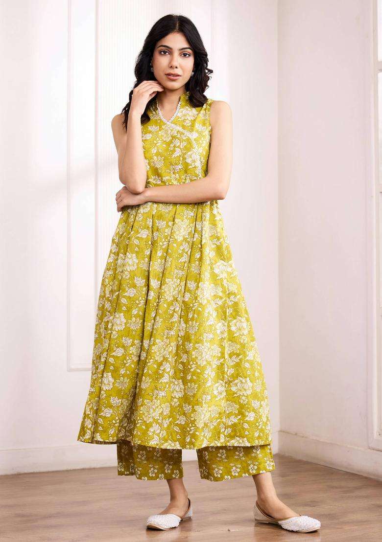 Floral Olive Cotton Nehru Collar Kurta with Palazzo for Women Festive Wear - Indya