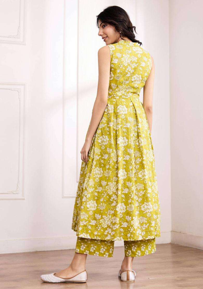 Floral Olive Cotton Nehru Collar Kurta with Palazzo for Women Festive Wear - Indya
