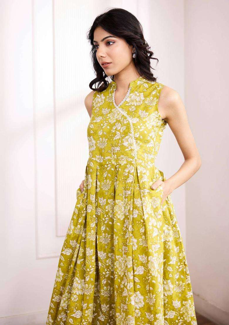 Floral Olive Cotton Nehru Collar Kurta with Palazzo for Women Festive Wear - Indya