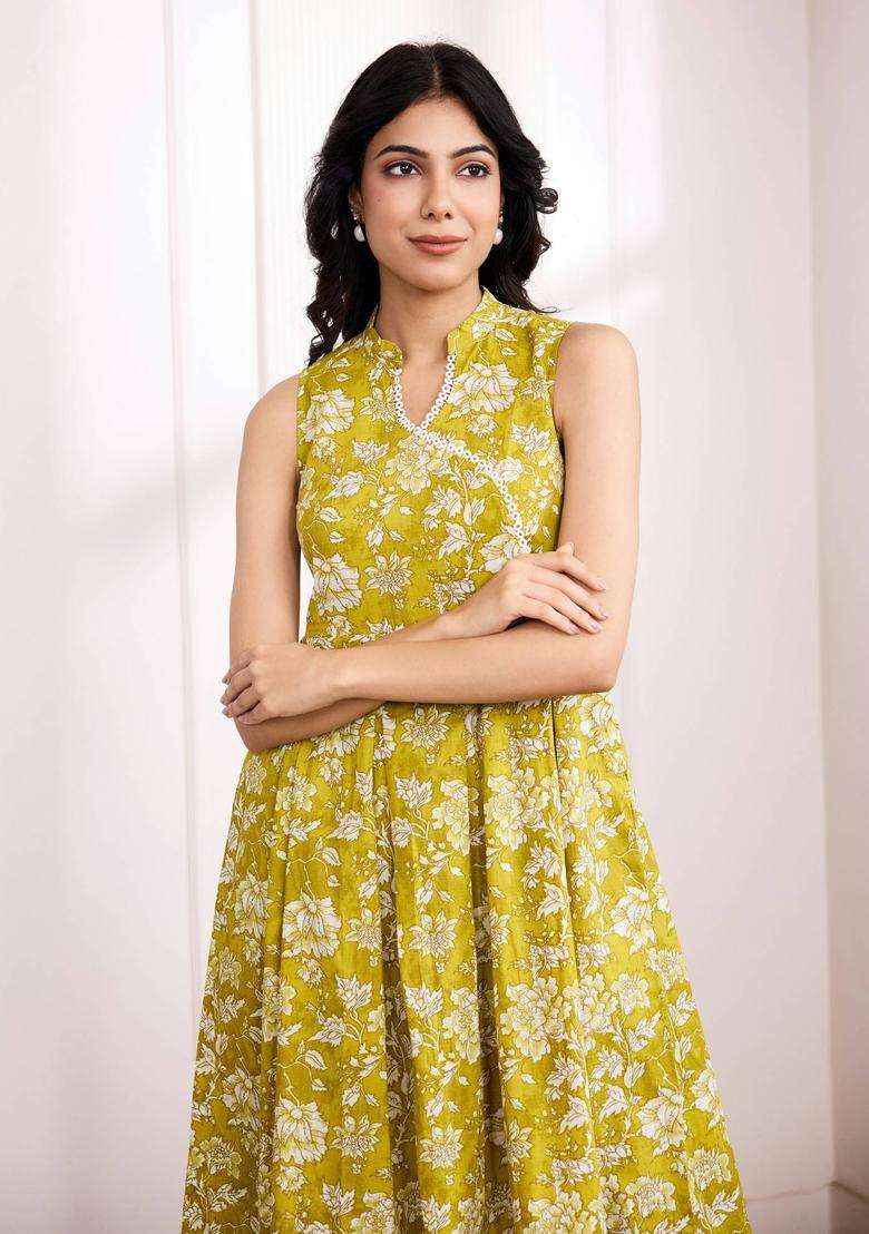 Floral Olive Cotton Nehru Collar Kurta with Palazzo for Women Festive Wear - Indya